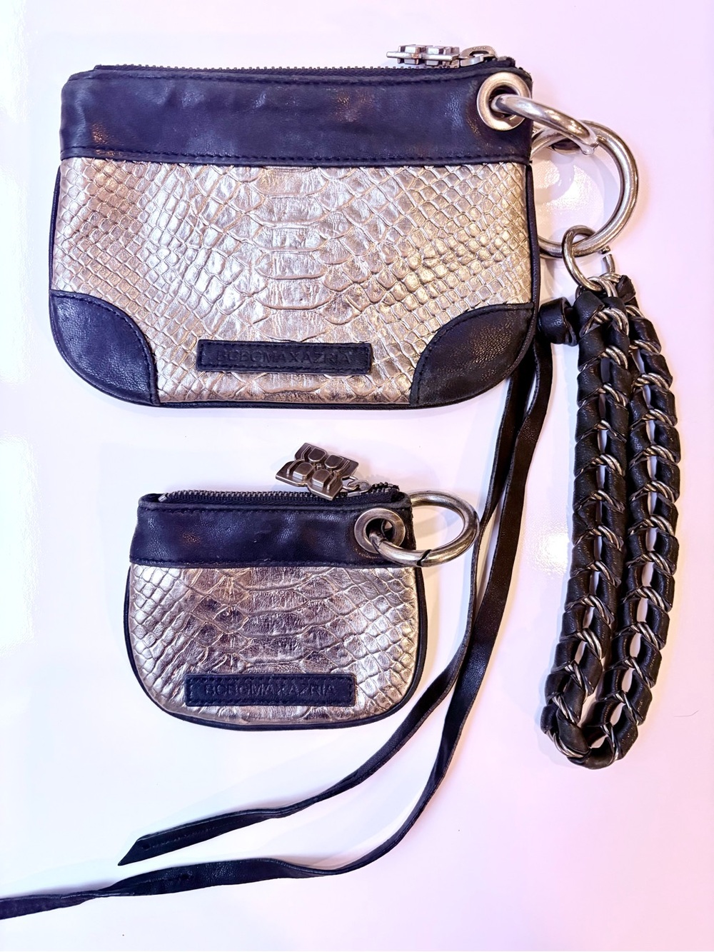 BCBG MaxAzria Vintage 2pc Snake Embossed Leather Wristlet Silver Black Trim